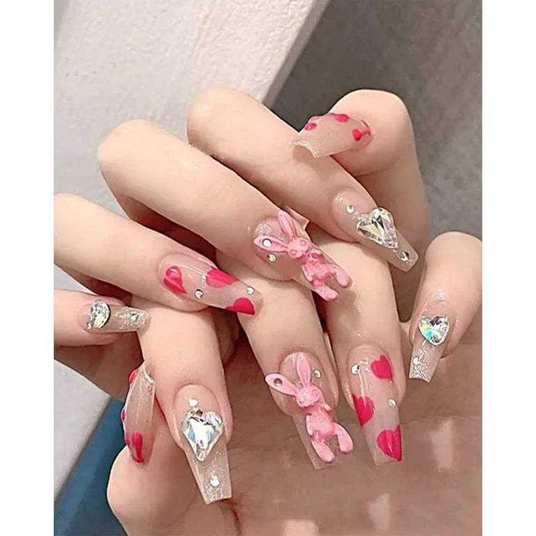Aetomce 24 Pcs Cute Press on Nails Medium with Designs, Coffin Acrylic  False Nails,Pink Ballerina Artificial Glue on Nails, Rabbit Resin Charms  and