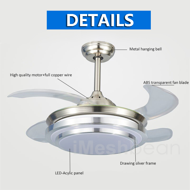 iMeshbean 42" LED Chandelier Invisible Ceiling Fan Light Ceiling Lamp Retractable w/Remote Control, 3 Light Color Changing