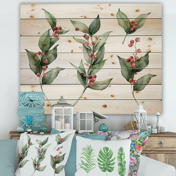 Designart 'Christmas Set Red Berrie With Branches' Traditional Print on Natural Pine Wood