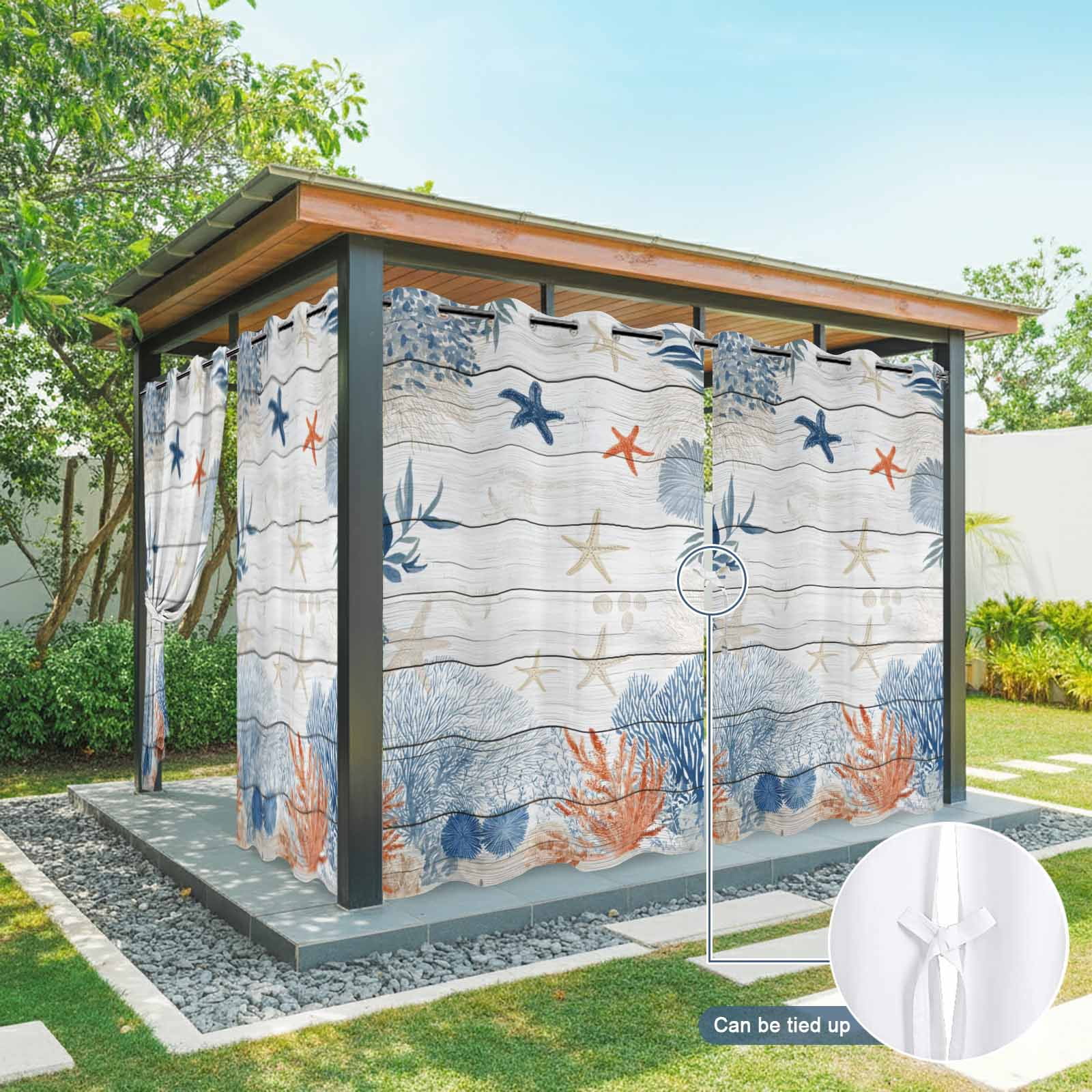 Ocean Corals Outdoor Curtains for Patio, Summer Beach Coral Sea Stars Wood Grain Sunshade Privacy Drapes Grommet Waterproof Outside Curtains for Porch/Cabana/Balcony 54"x 108", 1 Panel