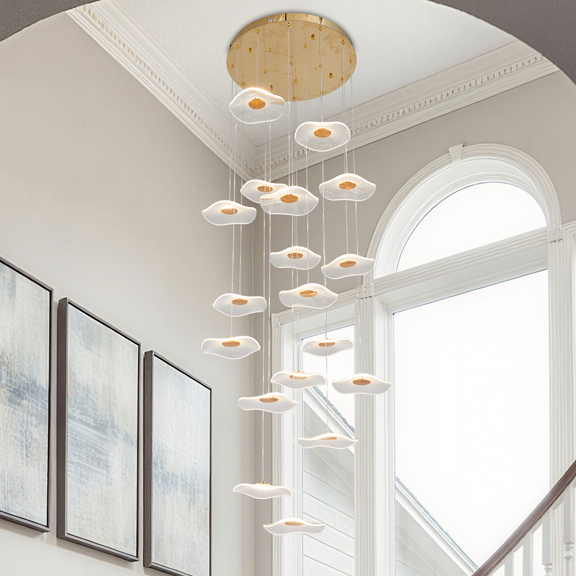 Modern Spiral Lotus Leaf Chandelier - Dimmable 18-Light LED Pendant with Remote for High Ceilings