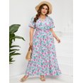 thumbnail image 3 of Large Size Women's Summer Floral Dress Wrap V Neck Short Sleeve Ruffle A-Line Flowy Maxi Wedding Guest Dresses, 3 of 8