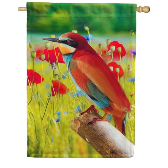 America Forever Hello Spring Summer Bird House Flag 28 x 40 inch Red Poppies Floral Bee-eater Outdoor Yard Seasonal Decorative Double Sided Flag