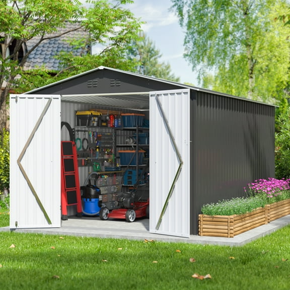 Jaxpety 8' x 12' Large Outdoor Metal Shed Garden Storage W/ Lockable Doors & Air Vents, Gray