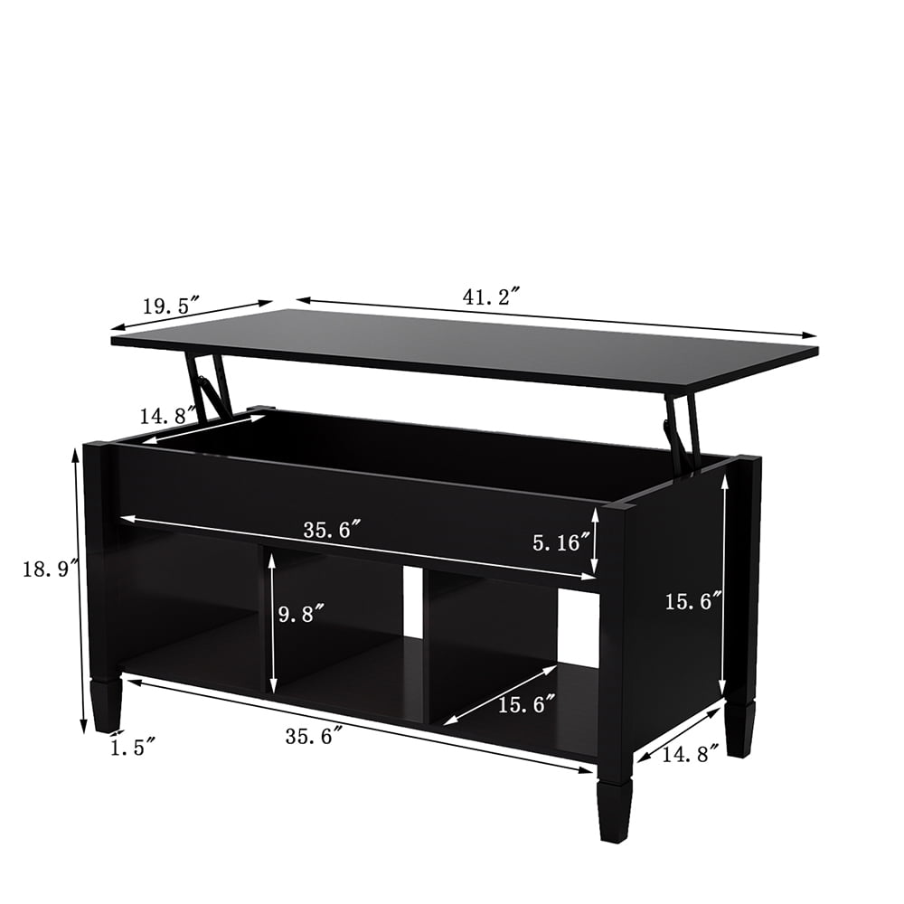 Lowestbest Wooden Lift Top Coffee Table, Dining Table w/Hidden Storage Compartment & Lower 3 Cube Open Shelves, Black