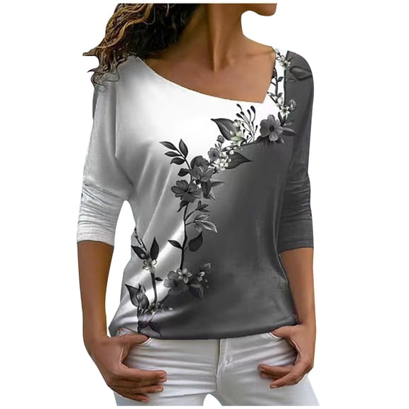 Trendy Tops for Women 2024 Work Petite Sweatshirt for Women Casual V Neck Long Sleeve Loose Flowers Sweatshirt