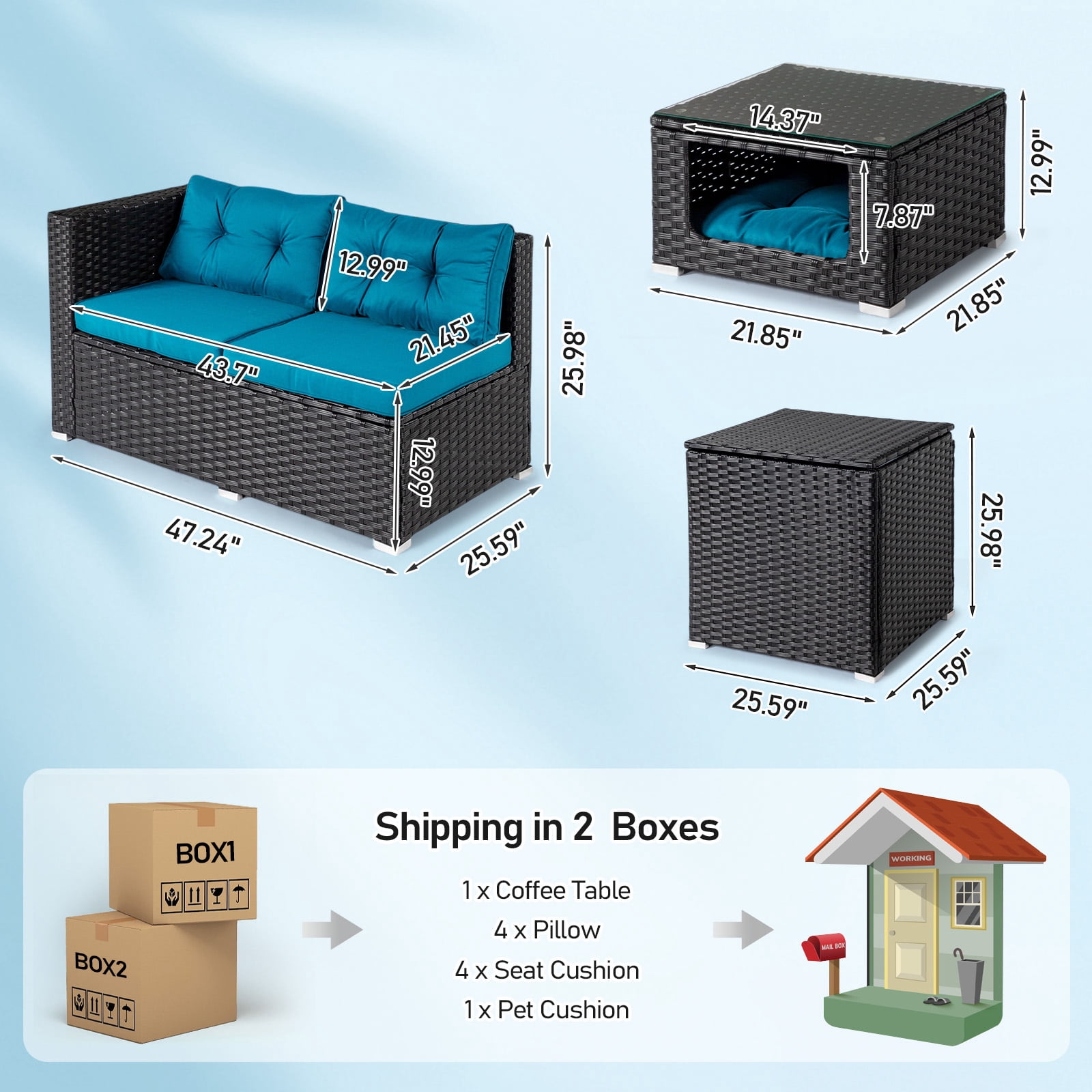 Ktaxon 4PC Patio Furniture Set, Black PE Wicker Modular Sectional with Storage Box, Pet Coffee Table  Peacock Green Cushions