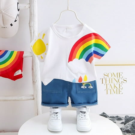 

THE WILD Casual Pretty Toddler Kids Baby Boy Cartoon Rainbow Print T-Shirt Jeans Denim Shorts Outfits