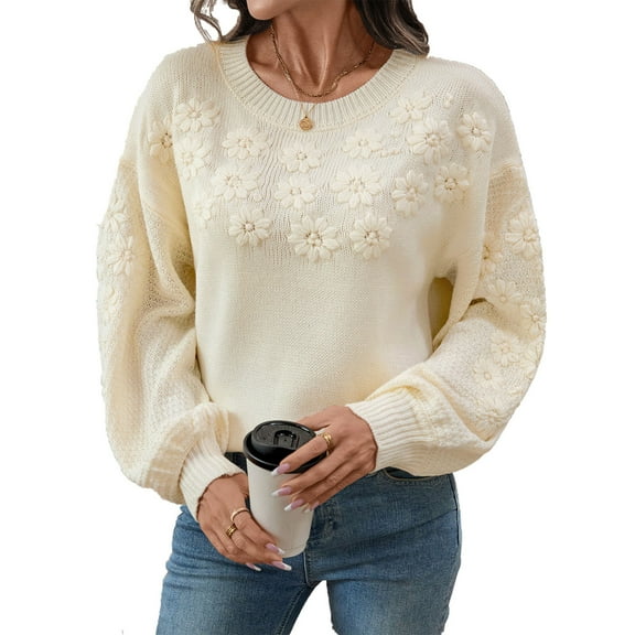 Karight Women's Embroidery Flowers Sweaters Loose Crewneck Long Sleeves Ladies Elegant Knitted Pullover Casual Sweater Tops