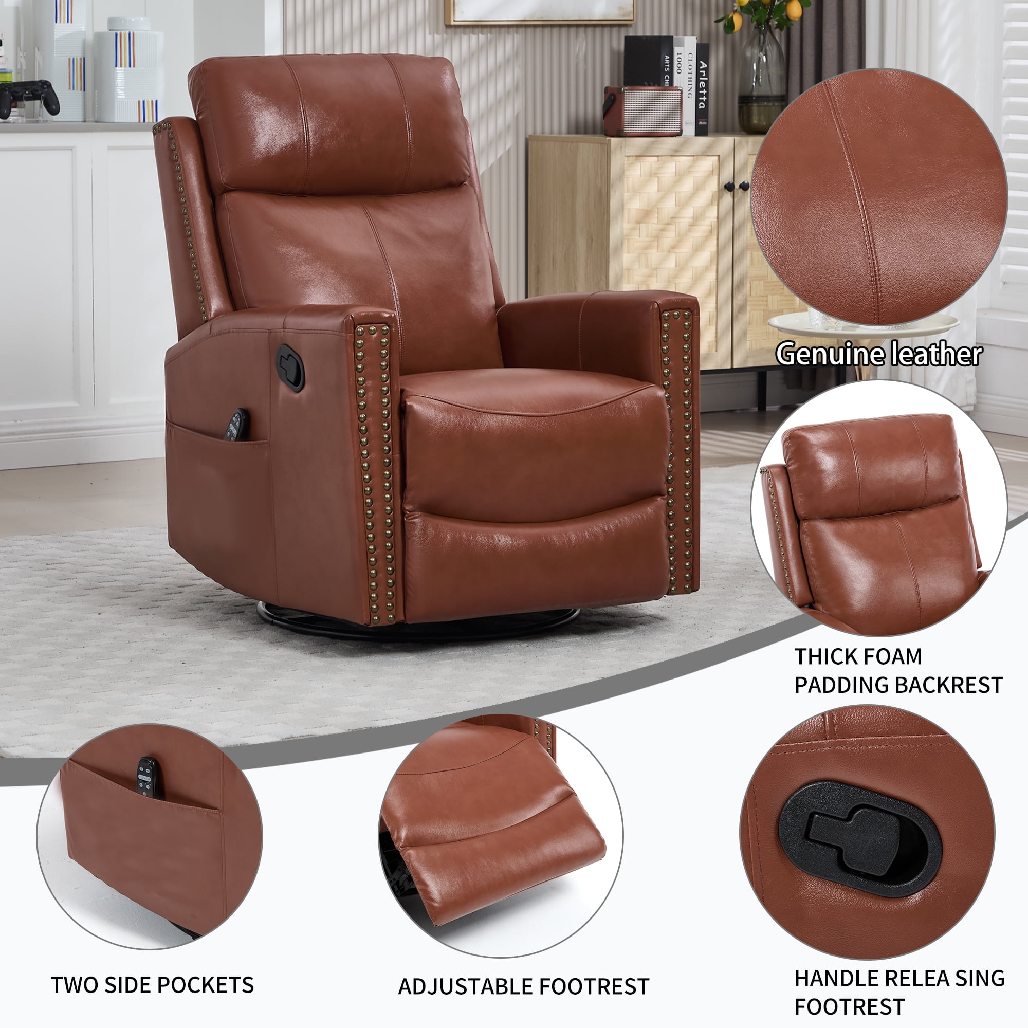 Gewnee Manual Recliner Chair,360°Swivel Massage Recliner Chair with Heat,Rocker Recliner Chair for Living Room,Bedroom.Red Genuine Leather