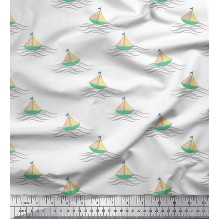 Soimoi White polyester Crepe Fabric Yacht & Waves Nautical Fabric Prints By Yard 42 Inch Wide