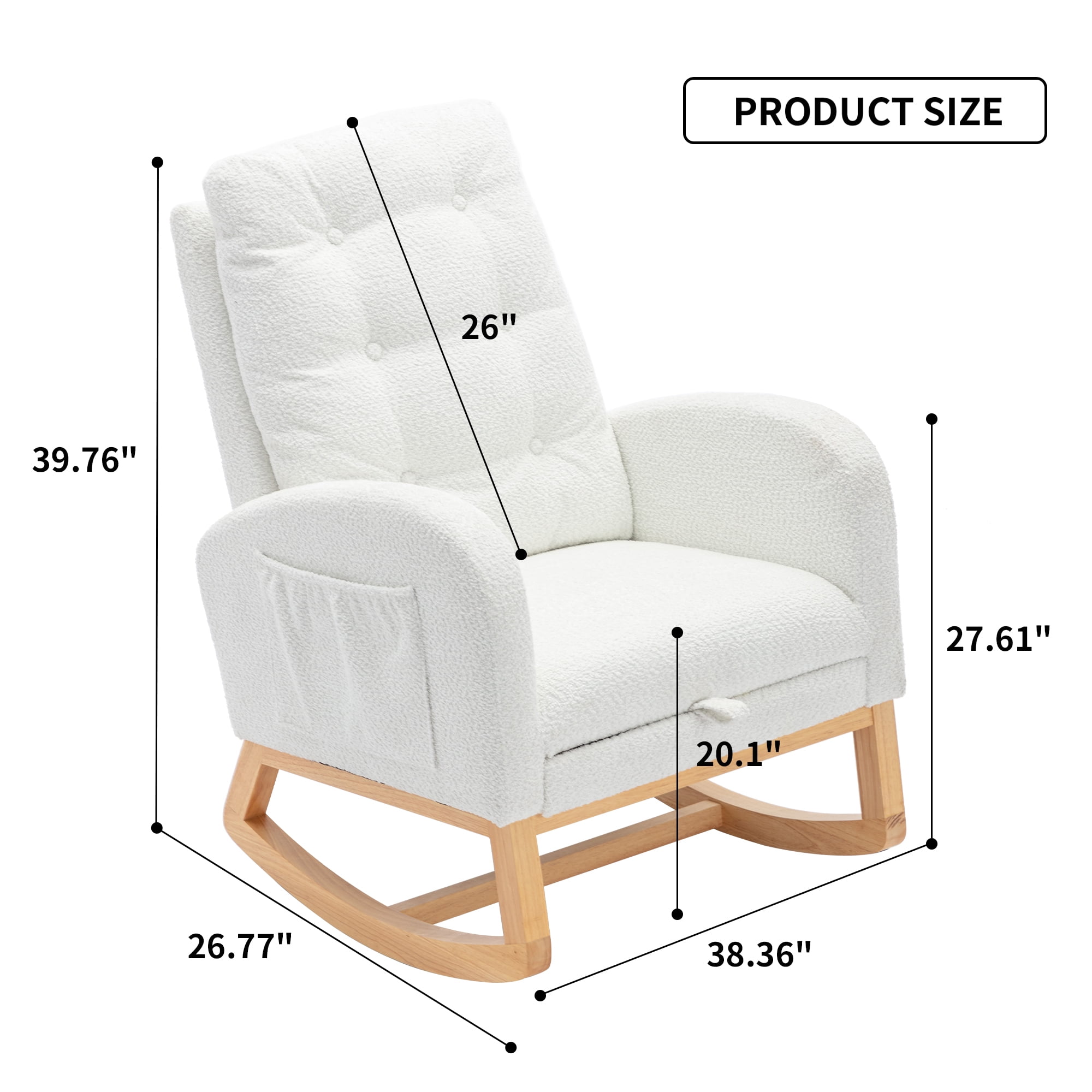 DEALTOPS Rocking Accent Chair with Footrest High Back Rubber Wood Legs for Bedroom Living Space-White