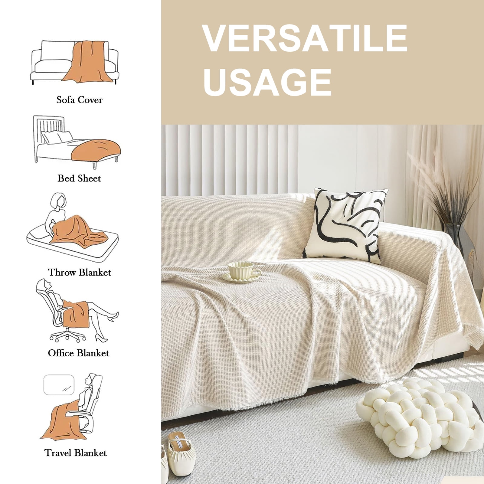 SANMADROLA Sofa Cover Beige Washable Couch Covers for 3 Cushion Couch Sofa Super Soft Sofa Slipcover Non Slip Sofa Cover, Chenille Sofa Covers for Dogs, Furniture Protector, 71"x150"