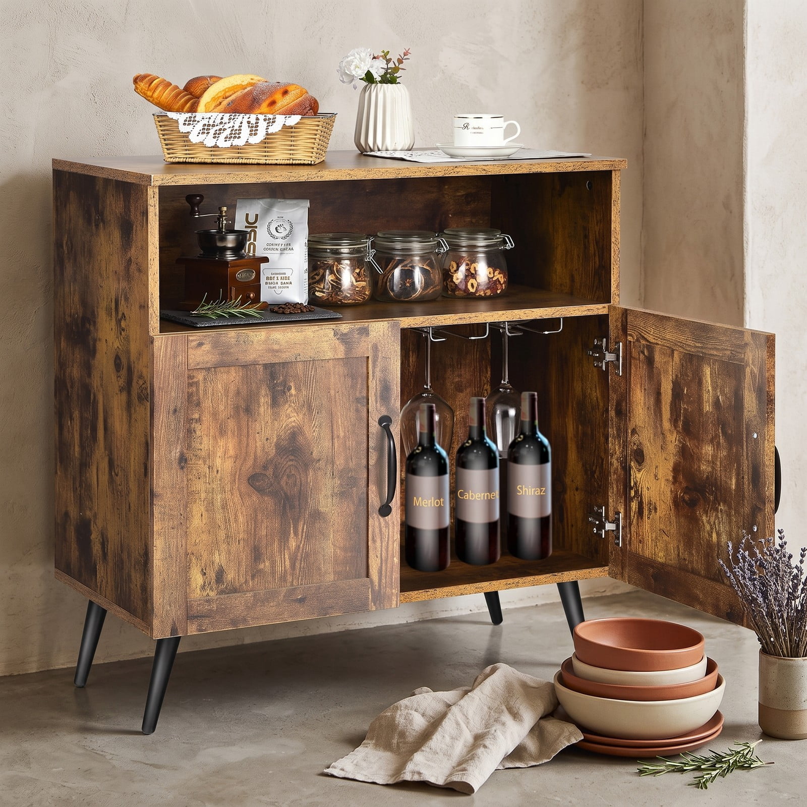 Furnibear Mid-Century Wooden Storage Cabinet Sideboard Buffet with Wine Glass Holders, Open Shelf, 2 Enclosed Cabinets for Living Room Dining Room Kitchen, Rustic Brown