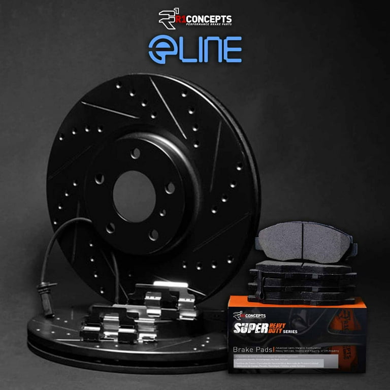 R1 Concepts WHXS1-63216 Drilled And Slotted Black Disc Brake Rotor Set With Super Duty Pads, 2-Wheel Set