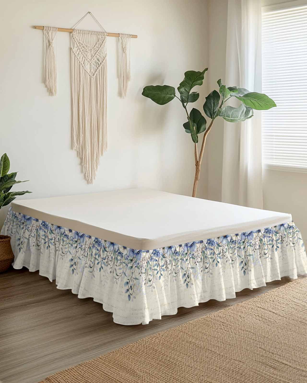 Blue Green Ruffle Bed Skirt Queen Size Flowers Eucalyptus Leaves Vintage Farmhouse Adjustable Elastic Dust Bed Skirts Wrap Around Bedskirt Wrinkle Free Easy Fit with 18 Inch Drop