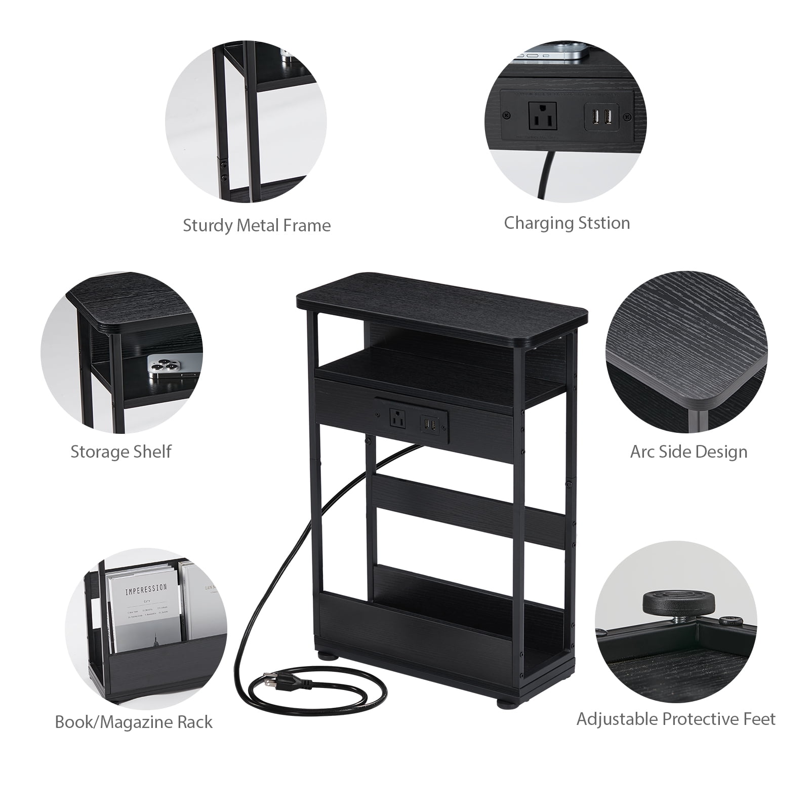 Narrow Side Table with Charging Station, 3 Tier Slim End Table with Storage Shelf for Small Spaces, 21.6 Inch Height Thin Tables Small Nightstand Magazine Rack for Living Room,Black