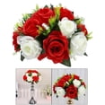 thumbnail image 4 of Bouquet de Roses Artificielles Réalistes 26cm 15 Têtes Décoration de Mariage Bouquet Blanc Rouge, 4 of 7