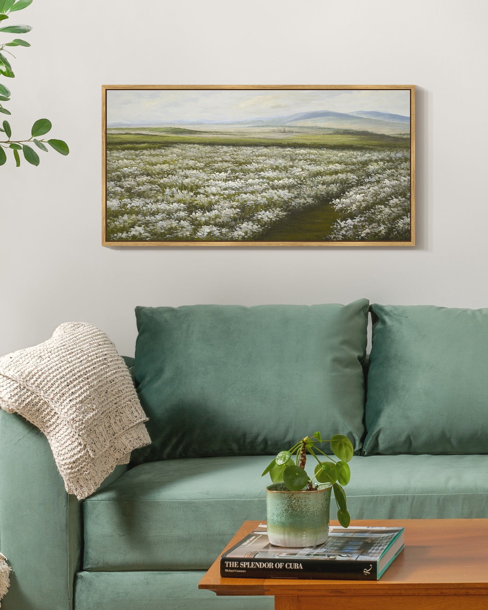 Drsoum Vintage Landscape Wall Art Meadow Sea of Flower Field Wall Prints Classic Retro Farmhouse Rustic Decorations for Living Room Bedroom 8x16in Natural Framed