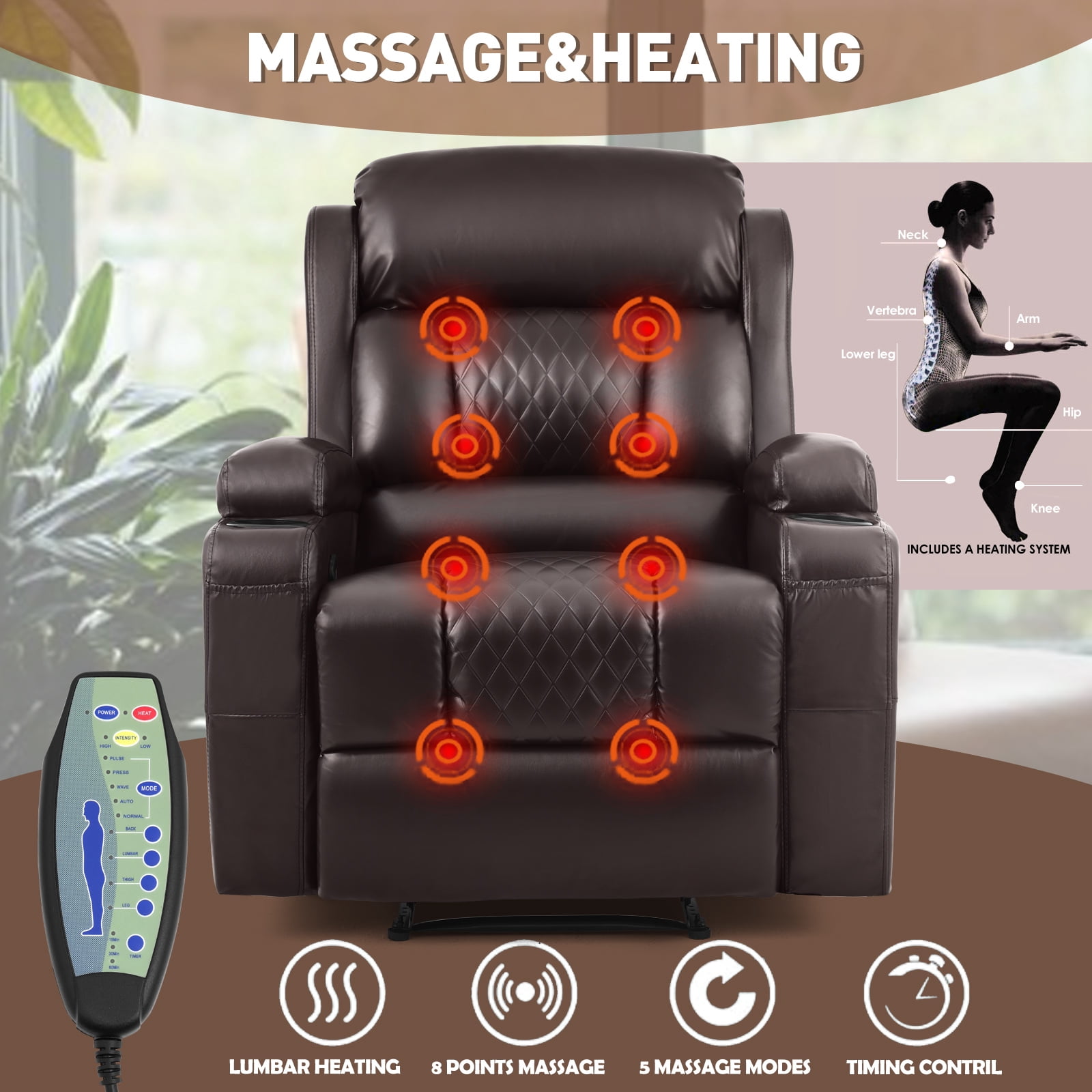 COSVALVE Electric Massage Heating Manual Recliner Chair Armchair Ergonomic Single Sofa with Remote Control, 2 Cup Holders (Brown)