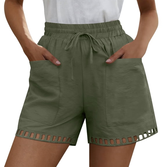 Pounoo Women's Shorts Elastic Waist Linen Blend Shorts Casual Daily Style Lightweight Breathable Drawstring Waist Floral Embroidered Hem Shorts Gift