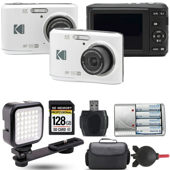 Kodak Pixpro FZ45 Camera (White) Extra Battery LED - 128GB Kit (International Version)