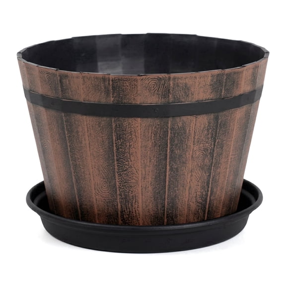 Bucket Barrel Garden Planter, Rustic Flower Planter Pot and Saucer Flower Pot for Living Room Indoor Garden, 6inch