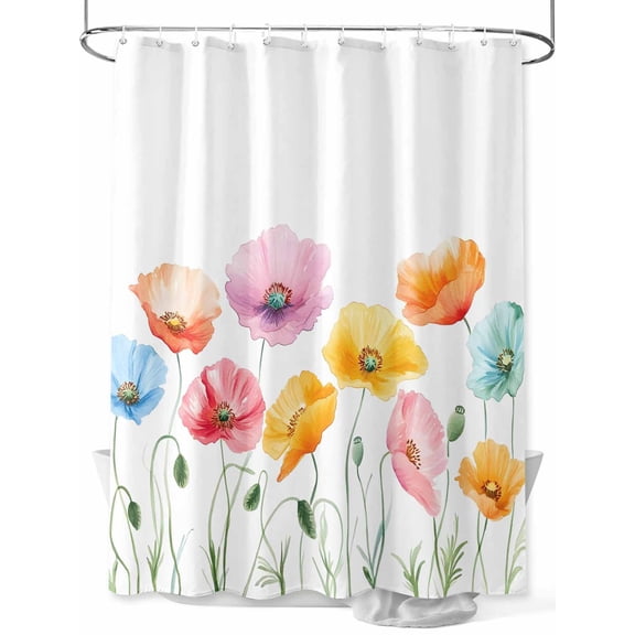 Shower Curtain Pink Orange Blue Poppies Shower Curtains for Bathroom, Waterproof Polyester Shower Curtain Set with Hooks, Extra Long 72" x 84" Watercolor Flowers