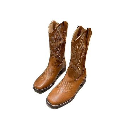 

Colisha Women Casual Pull-on Mid Calf Boot Walking Outdoor Embroidered Wide-Calf Shoes Brown 5.5