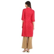 Red Band Collar Printed Kurta-X Small