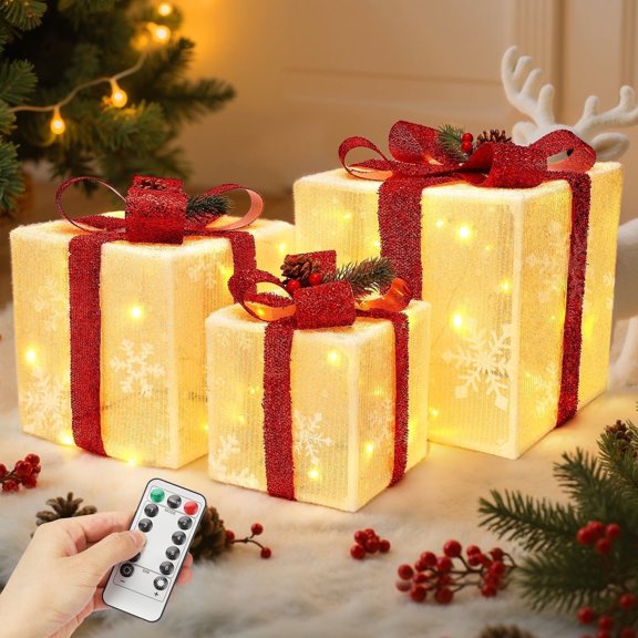 Zsiparty Set of 3 Christmas Lighted Gift Boxes, Warm White LED Light up Xmas Ornaments, Christmas Tree Decorations for Indoor Outdoor Xmas Decor
