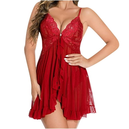 

YYDGH Lingerie for Women Sexy Lace Babydoll Chemise Open Front Ruffle Outfits Sleepwear Red XL