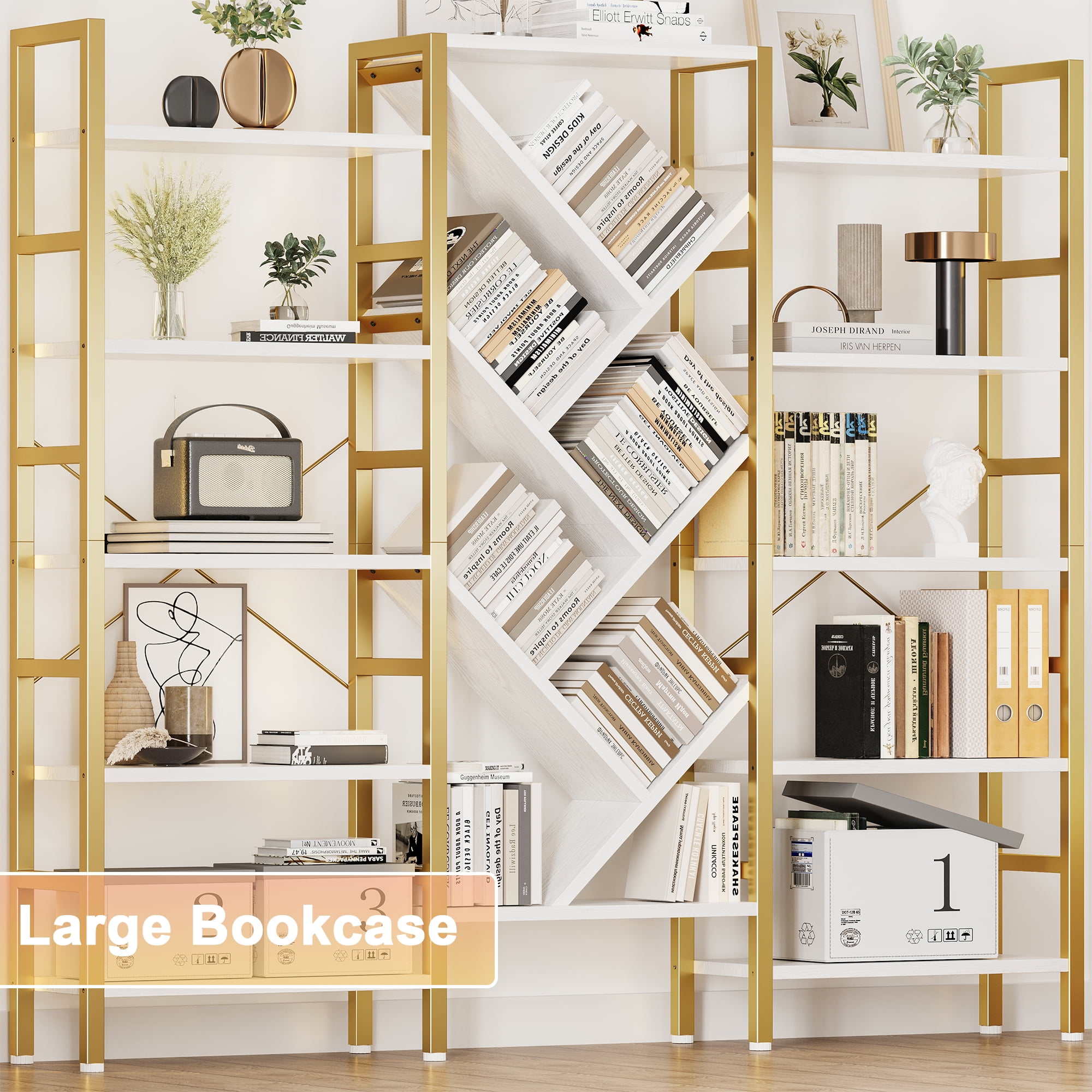 Triple 5 Tier Bookshelf, Large Wooden Bookcase with 17 Open Display Shelves, Modern Tree Book Shelf Metal Frame Tall Bookshelves Furniture for Living Room Bedroom Home Office Rustic Brown