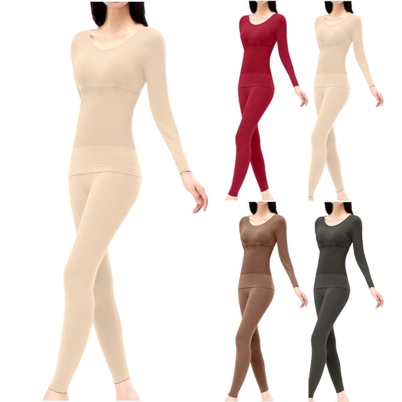 XRoczxe Women Textured Scoop Neck Thermal Underwear Set High Waist Tummy Control Soft Skin-Friendly Warm Slim Fit Long Sleeve Top & Pants Multi Solid Color Winter Base Layer Suit