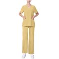 thumbnail image 2 of Ndbuld Scrub Set for Women V-Neck Scrub Top & Jogger Pants Women's Short Sleeved Solid Color Pocket Protective Suit Set Short Sleeved-neck Top/shirt Set Summer Clearance,Yellow,L, 2 of 4
