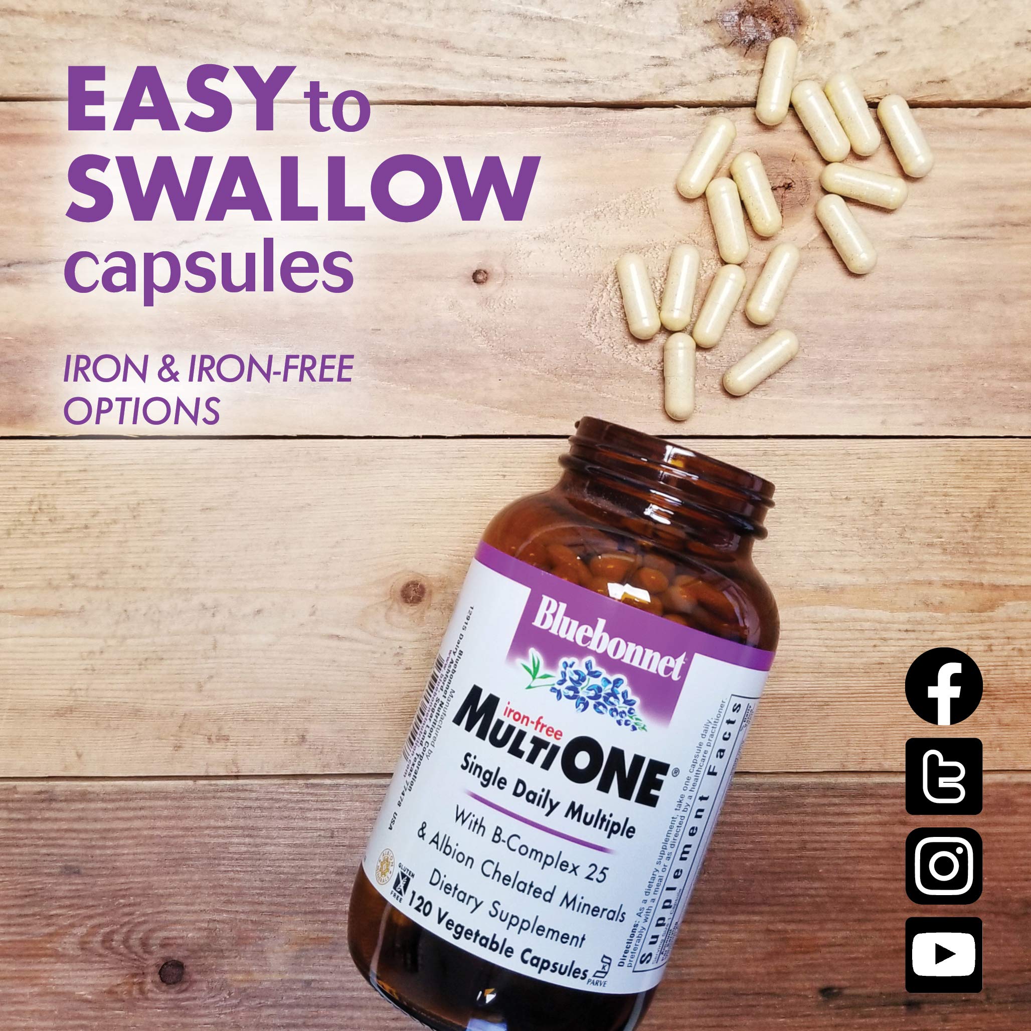 Bluebonnet Multi One (Iron Free), Complete Full Spectrum Multiple, B Vitamins, 120 Count