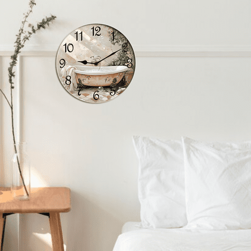 Kurmntregon Bathroom Wall Clock Bathtub Silent Non Ticking Battery Operated Wood Clock For Bedroom Bathroom Living Room Office School Kitchen Shop Hotel Round 10"