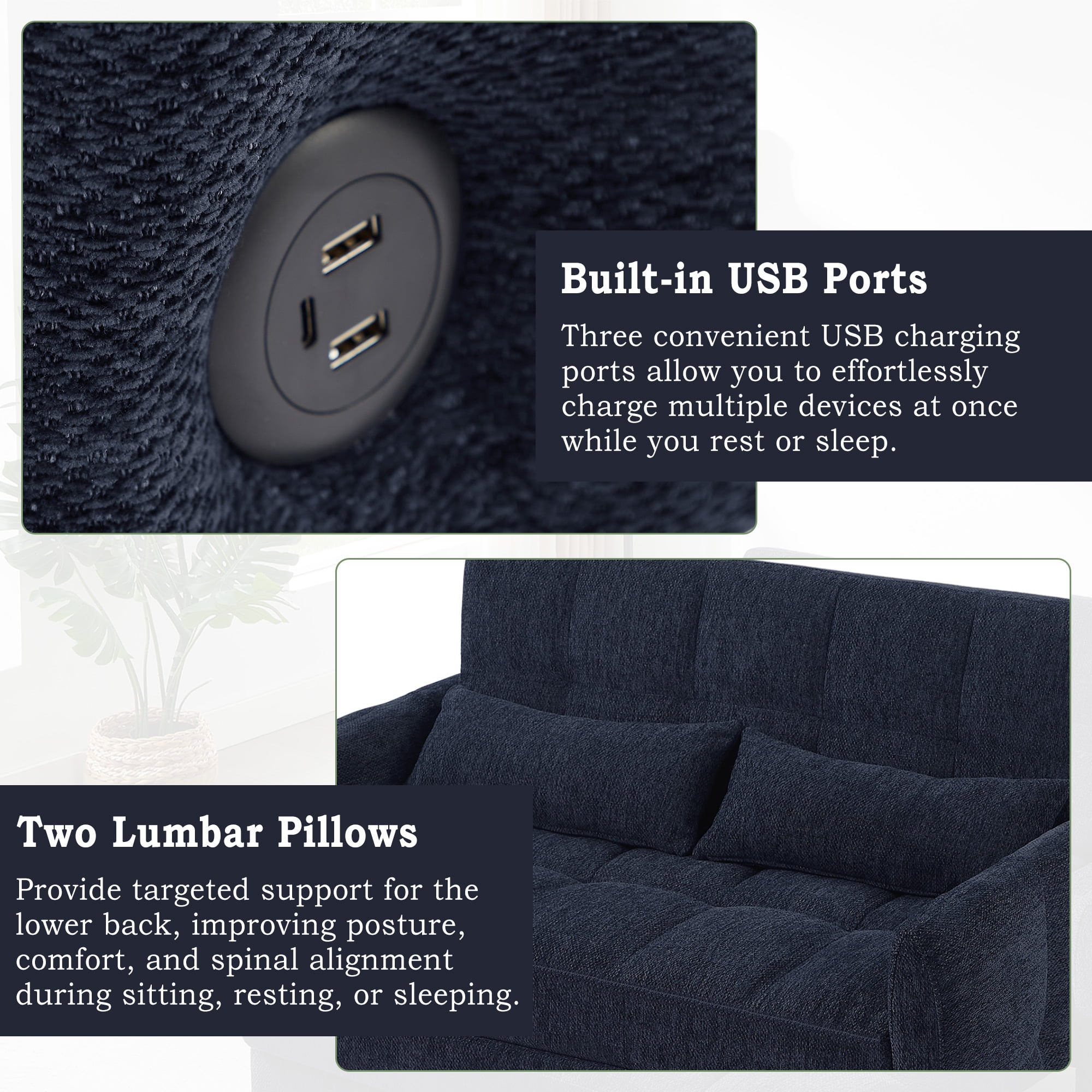 Euroco 52.8" Loveseat Sofa Pull-out Sofa Bed Tufted Sleeper Sofa with an Adjustable Backrest, Three USB Ports and Two Lumbar Pillows for Living Room, Blue