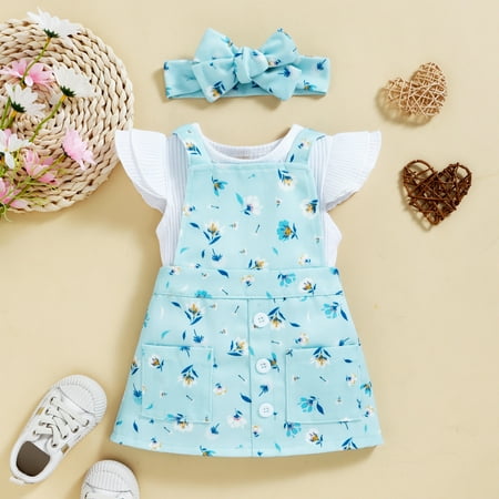 

Hunpta Infant Girls Fly Sleeve Ribbed Romper Bodysuits Floral Prints Suspenders Skirt Headbands Outfits