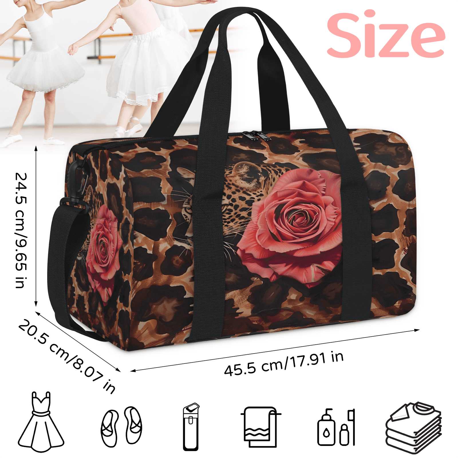 Herdesigns Leopard Print Rose Gym Bag for Women, Duffle Bag for Travel Sport, Lightweight Waterproof Carry on Weekender Overnight Dance Yoga Workout Bags