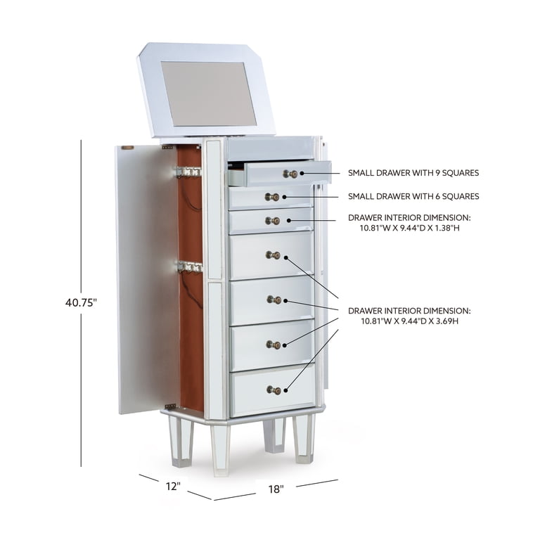 Milan Jewelry Armoire, Mirrored Surfaces and Silver Wood - Walmart.com