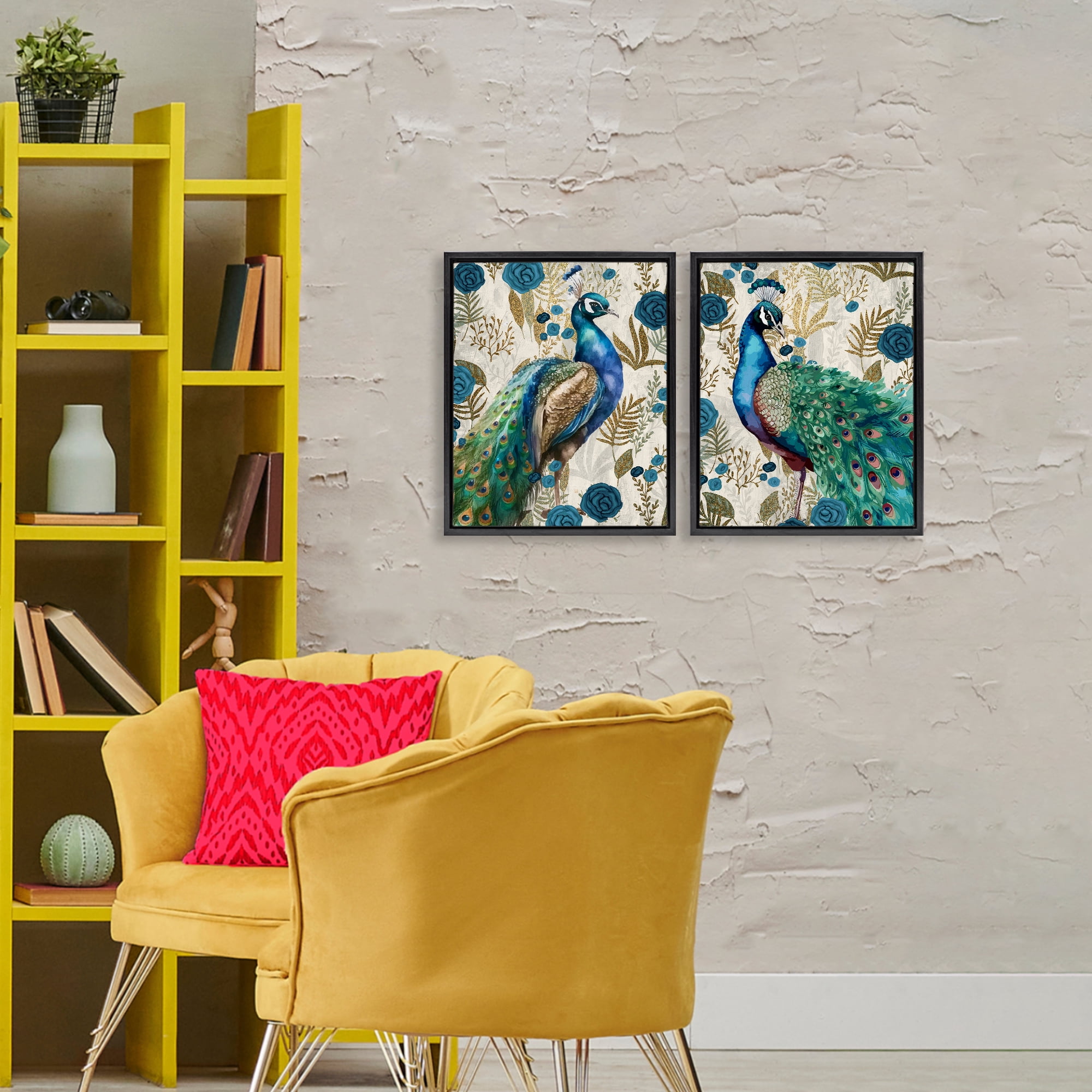Stupell Industries Floral Peacock Pride 2 Piece Black Framed Floater Canvas Set, design by Kim Allen