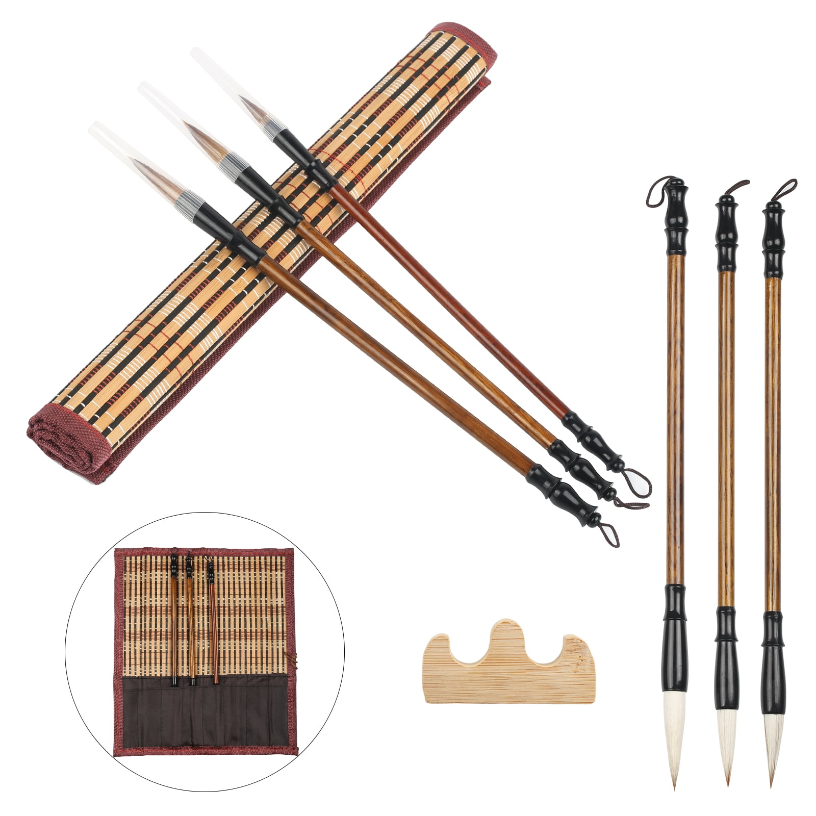 AirSMall 8 pcs Chinese Calligraphy Brush 3pcs Wolf Hair Brushes 3pcs Mixed Animal Hair Brushes 1 Brush Holder 1 Brush Bag for Writing Artists Beginners