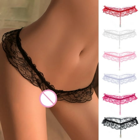 

Hopeup Women G-string Lace Solid Color Faux Pearls Inside Wear Female Hollow Out See Through Panties for Bedroom