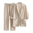 thumbnail image 4 of HAYIMI Womens Fall Outfits Sets 2 Pieces Relaxed Fit Long Sleeve Single Button Linen Blazer Matching Pleated Wide Leg Solid Color Pants Casual Wear Trendy Clothing Sets, 4 of 5
