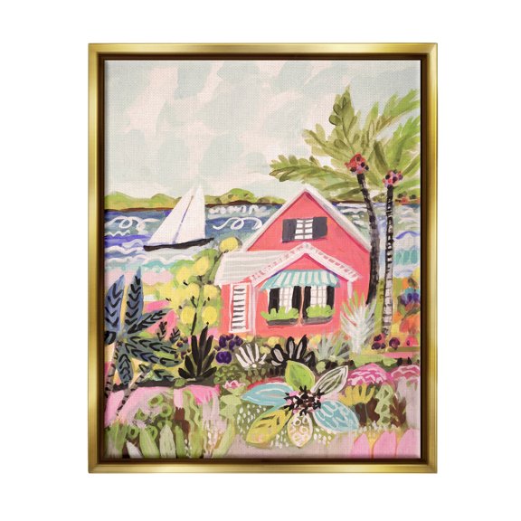 Stupell Industries Tropical Cottage Scenery Landscape Painting Gold Floater Framed Canvas Art Print Wall Art, 17 x 21