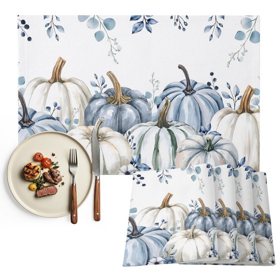 Blue Pumpkin Fall Placemats Set of 4, Thanksgiving Eucalyptus Leaves Weeping Washable Wipeable Table Mats for Dining Tables, Indoor Outdoor Kitchen Place Mats for Holiday Party Table Decor