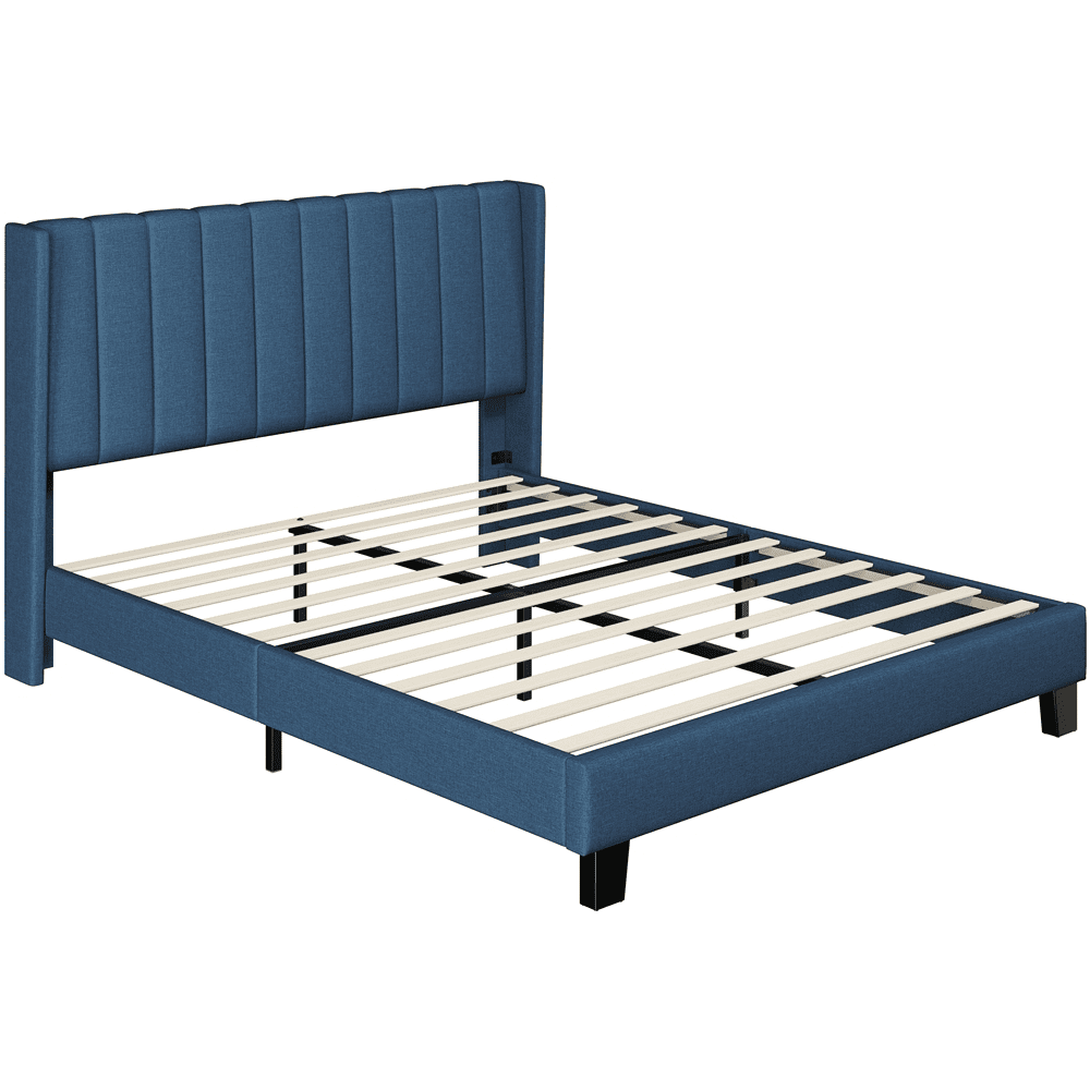 Renwick Upholstered Platform Queen Bed Frame with Wing Side, All Ages, Navy Blue