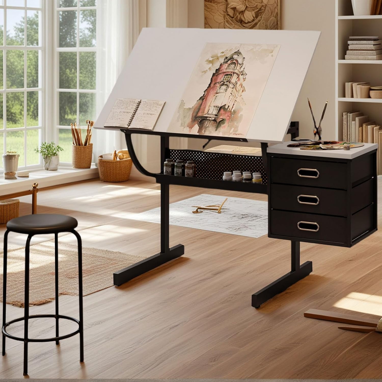 Adjustable Drafting Table with 3 Drawers and Stool White Art Desk for Studio Home Office or School