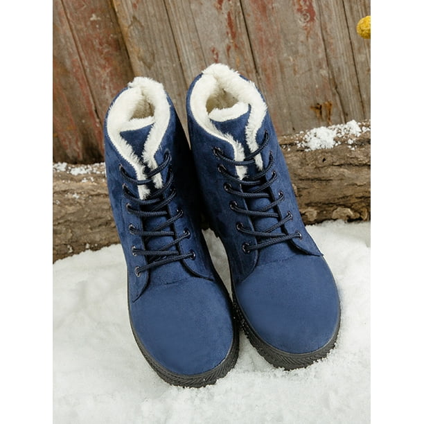 Woobling Women Mid Calf Boot Plush Lining Winter Warm Shoes Lace Up Snow Boots Breathable Walking Blue US 8
